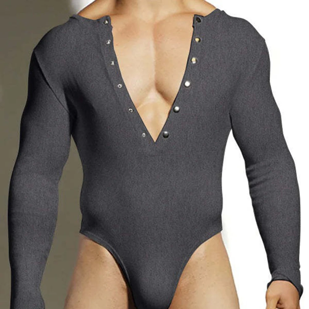 Men Bodysuit V Neck Long Sleeve Button Sexy Pajamas Fitness Underwear Solid Color Bodycon Jumpsuit T-Back Jumpsuit