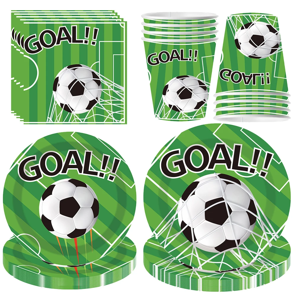 Green Soccer Theme Disposable Party Tableware Set - Plates, Cups, Napkins for Boys' Birthday Celebration