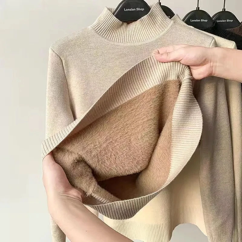 

Turtleneck Sweater Thicke Knitted Pullovers Woman 2024 Winter Add Velvet Sweater Casual Fleece Lined Warm Knitwear Tops Jumper