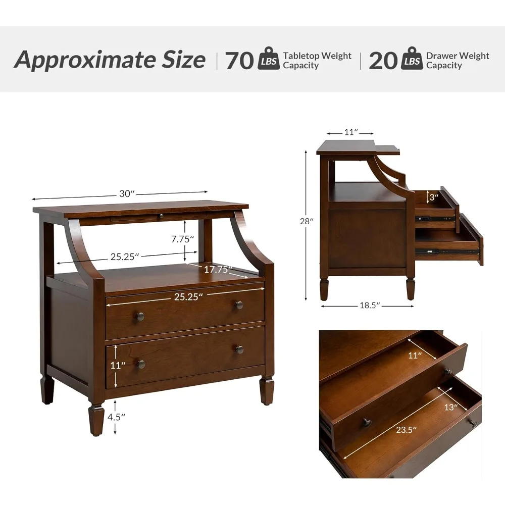 Wood Nightstand with Charging Station, 2-Drawer Dresser with Wooden Legs, Mid-Century Modern Nightstand 2