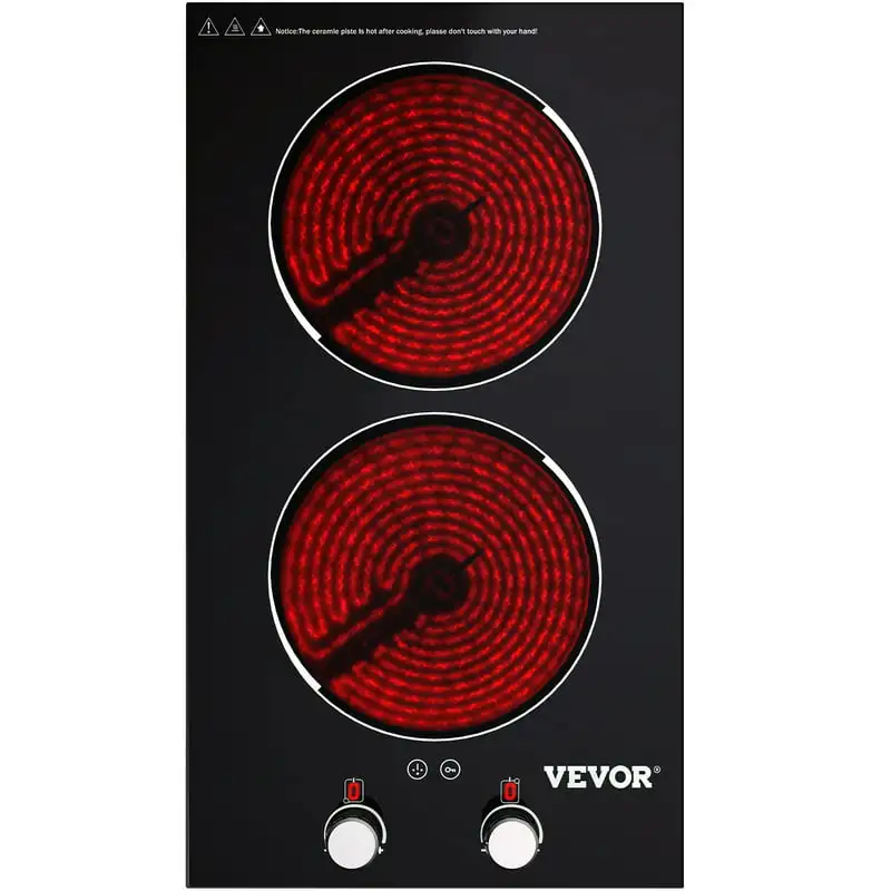 

Built in Electric Stove Top, 11 inch 2 Burners, 220V Ceramic Glass Radiant Cooktop with Knob Control, Timer & Child Lock Include