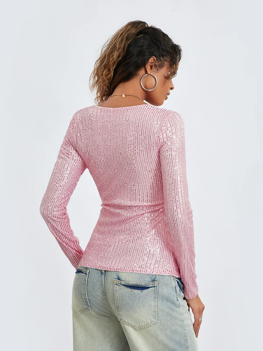 Women Spring Fall Long Sleeve Cropped Tops Sequins Basic T-shirt Casual Pullover for Club Streetwear Aesthetic Clothes