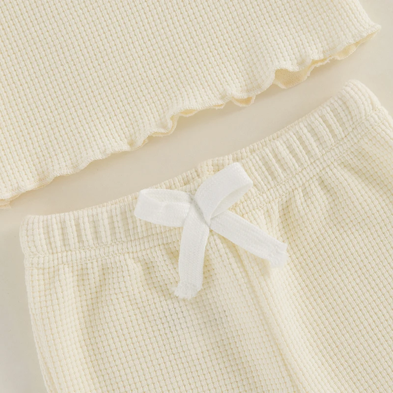 Focus norm 0-3y schöne Baby Mädchen Herbst Kleidung setzt 2 stücke einfarbige Waffel Langarm Tops und elastische Flare Hosen – Detail 2
