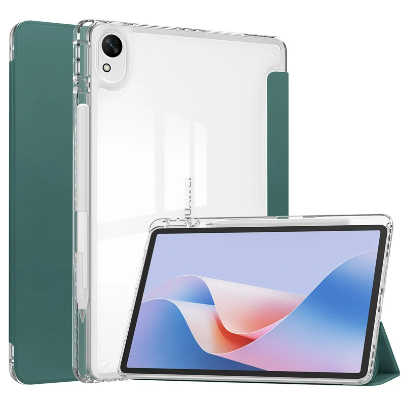 Enhanced Trifold Stand Tablet Case with Pencil Holder and Clear Acrylic Back Cover
