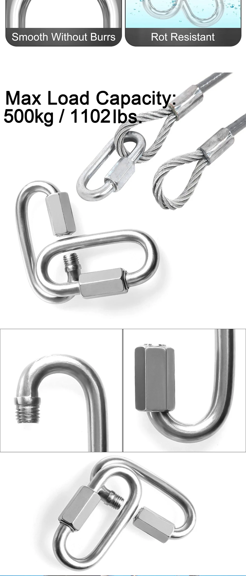 5–10 Stück Schnellverbindungen, D-Lock-Karabiner aus Edelstahl 304, robuste Reparatur, Haustier-Schlüsselanhänger, Schlüsselanhänger, Schnappkettle, Schnallenkette – Detail 4