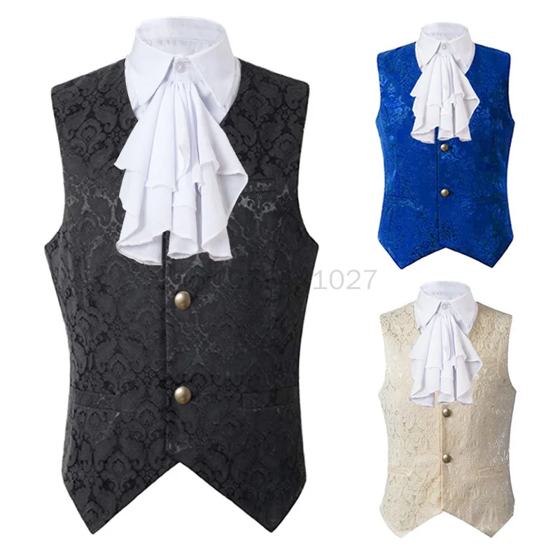 

Medieval Mens Single Breasted Vest Gothic Steampunk Victorian Brocade Waistcoat Men Halloween Costume Party Vests With Jabot Tie