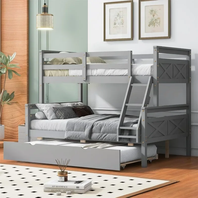 Solid Wood Double Bed Frame with Guardrail and Ladder 3
