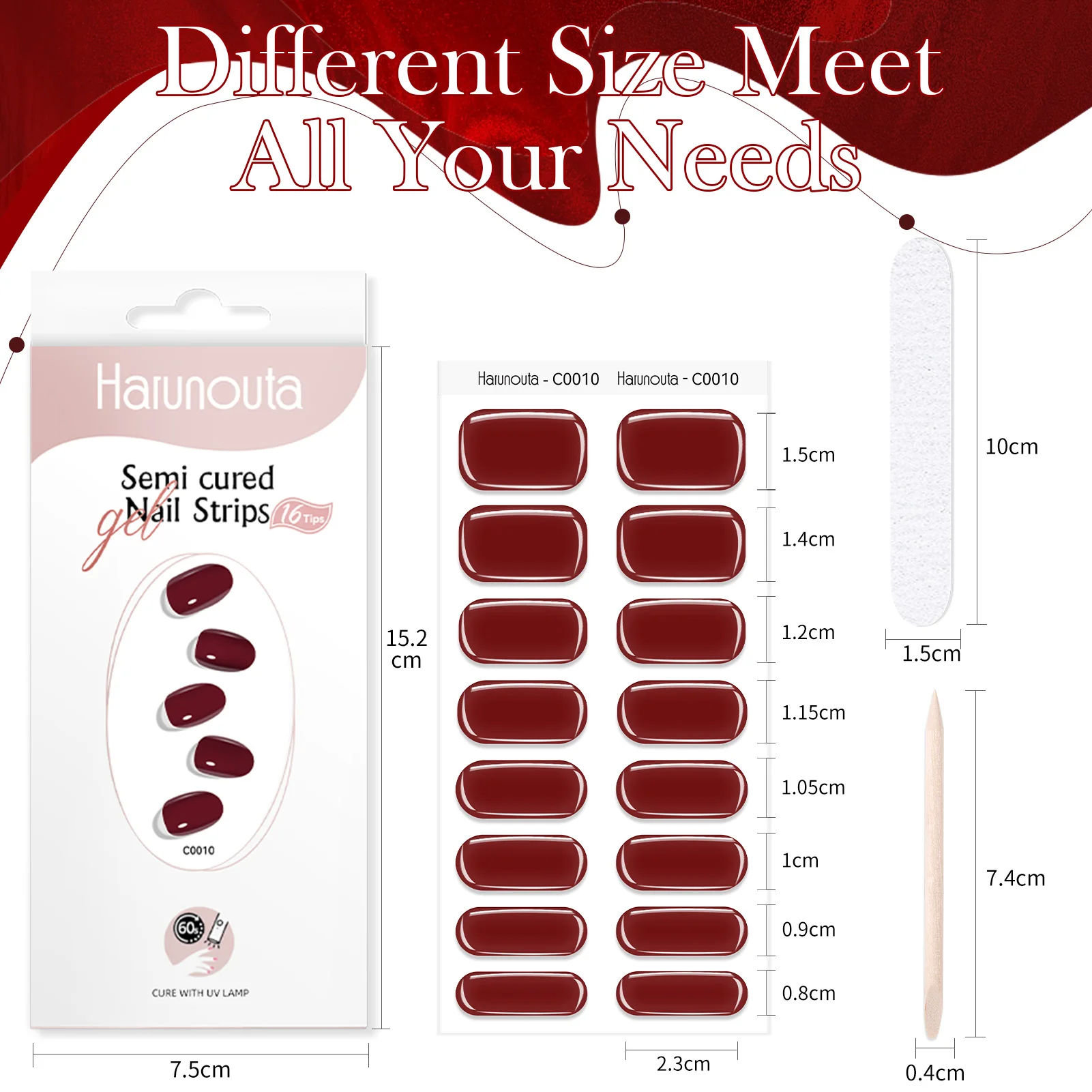 Harunoura Red Series Semi Cured Gel Nail Strips Maroon Gel Polish Nail Stickers Waterproof Long Lasting Stickers for Nails Decor 6