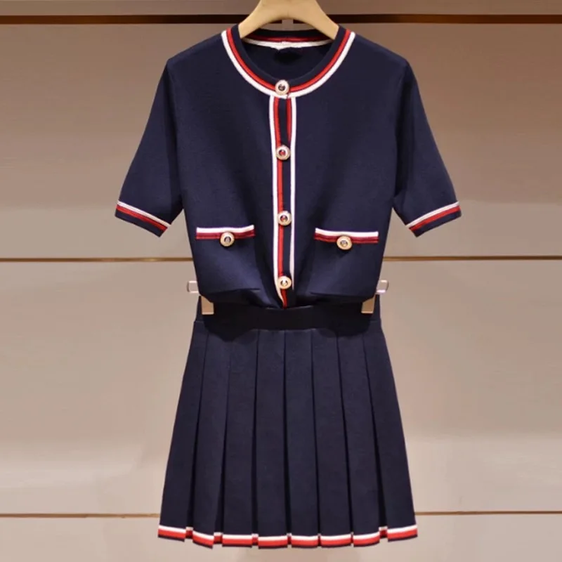 

2023 Summer Metal Button Single Breasted Knitted Cardigan + Pleated Skirt Set O-Neck Contrast Color 2 Piece Sets Womens Outfits