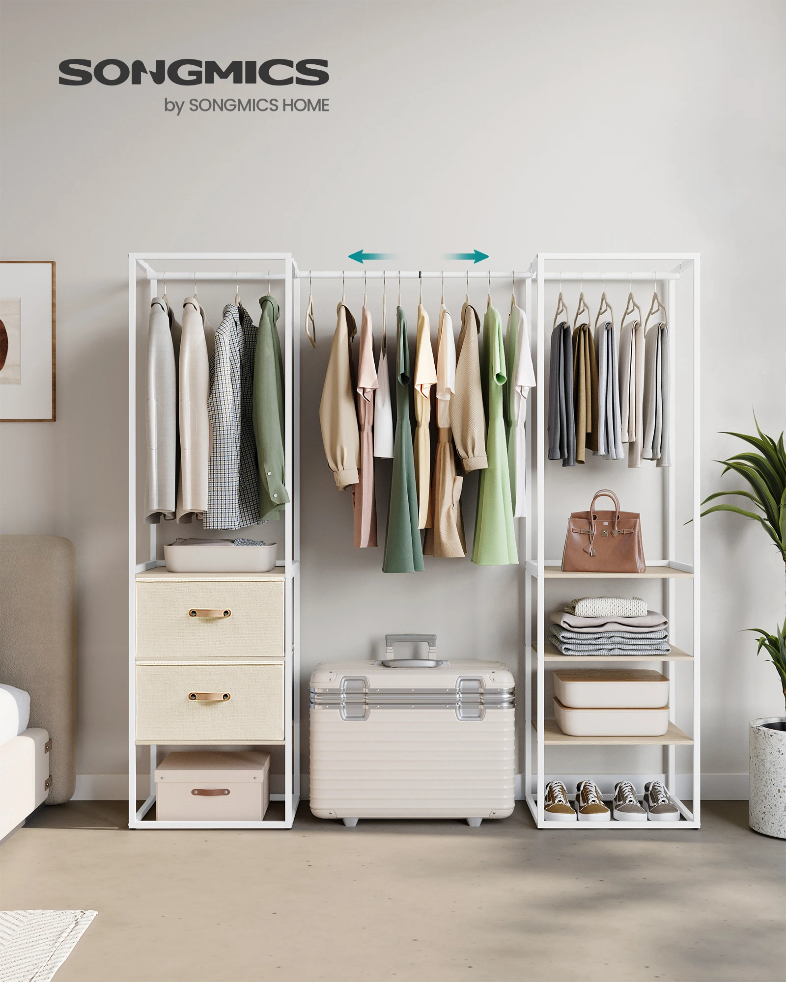 SONGMICS Clothes Rack, 70.9 Inch Wardrobe Freestanding Closet, Heavy Duty Garment Rack with 1 Extendable Hanging Rod, 2 Drawers