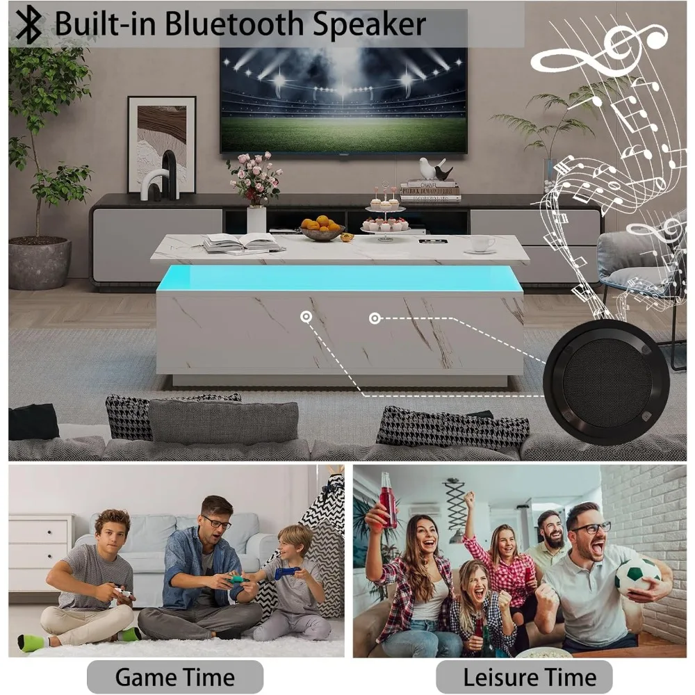 LED Coffee Table with Storage, White Coffee Table with Wireless Charging and Speaker, High Glossy Modern Center Table with 6
