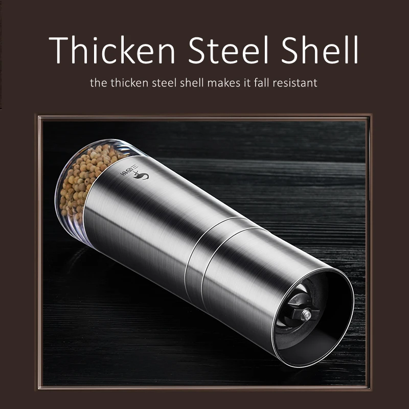 304 Stainless Steel Pepper Mill LFGB Certificate Transparency Bottom Ceramic Rotor Thickness Adjustable Salt Spices Grinder