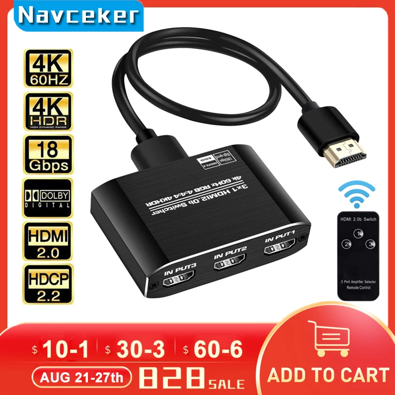 Meilleur commutateur HDMI 4K 60Hz, adaptateur de commutateur, 3