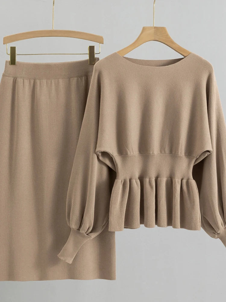 Set Knit Sweater Lantern Sleeves Half Skirt Two-piece Set High Waisted Temperament Commuting Festival Clothing Women's Pullover women s blouses satin bat sleeves stand up neck temperament commuting girl chiffon shirt clothes quickly available in stock