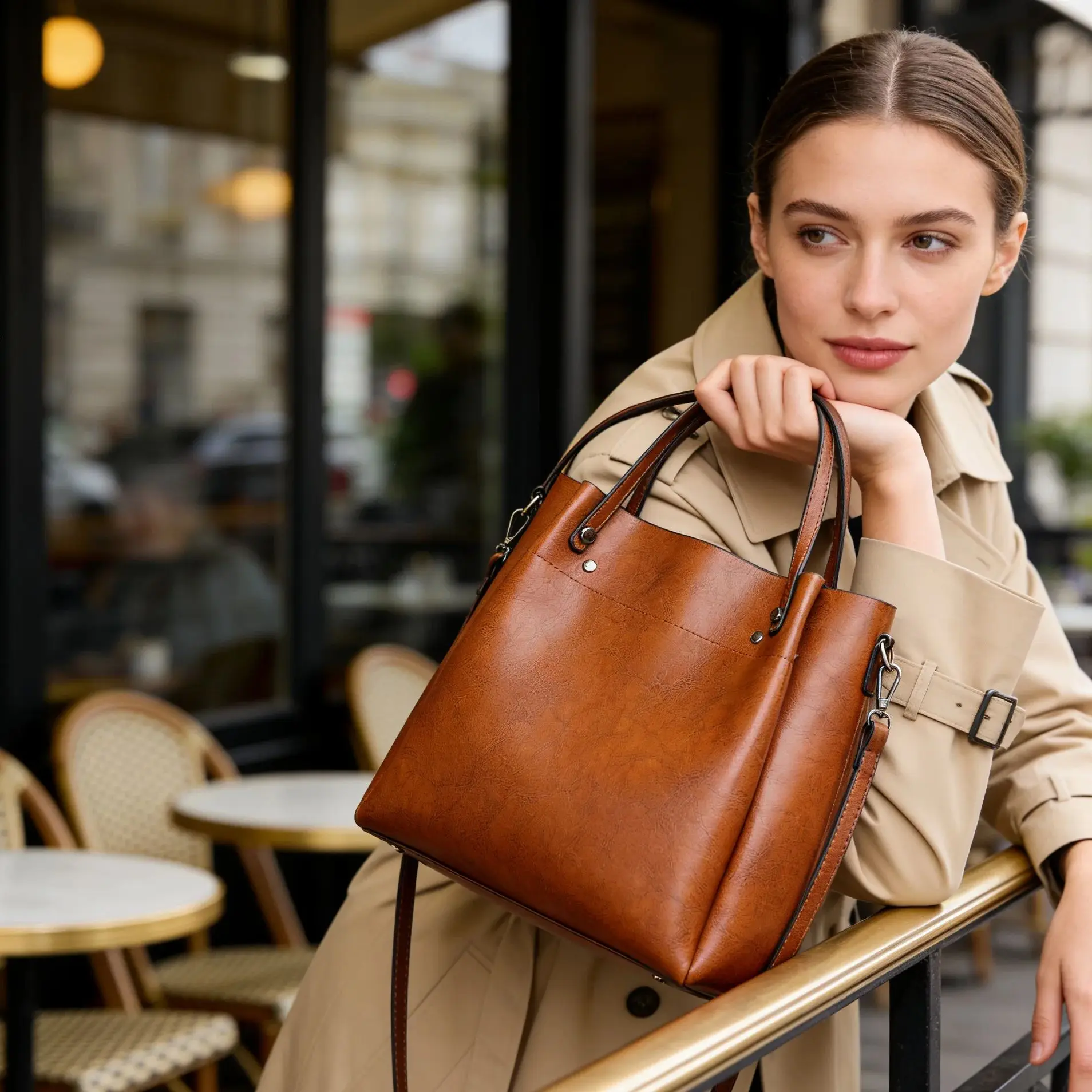 Genuine Leather Tote Bag - Large Capacity Wing Roomy Shopping Bag & Commuter Shoulder Bag