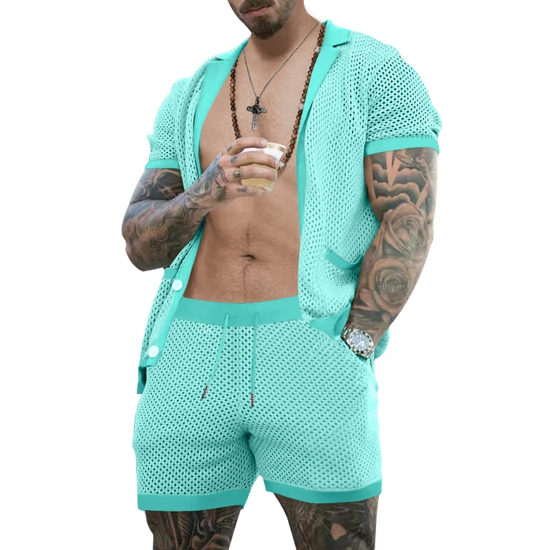 2-Piece Outfit for Men Summer Breathable Mesh Lapel Collar T-Shirt and Shorts Sets Cool Sexy Hollow Fabric Design Beach Clothing 3