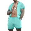 2-Piece Outfit for Men Summer Breathable Mesh Lapel Collar T-Shirt and Shorts Sets Cool Sexy Hollow Fabric Design Beach Clothing 3