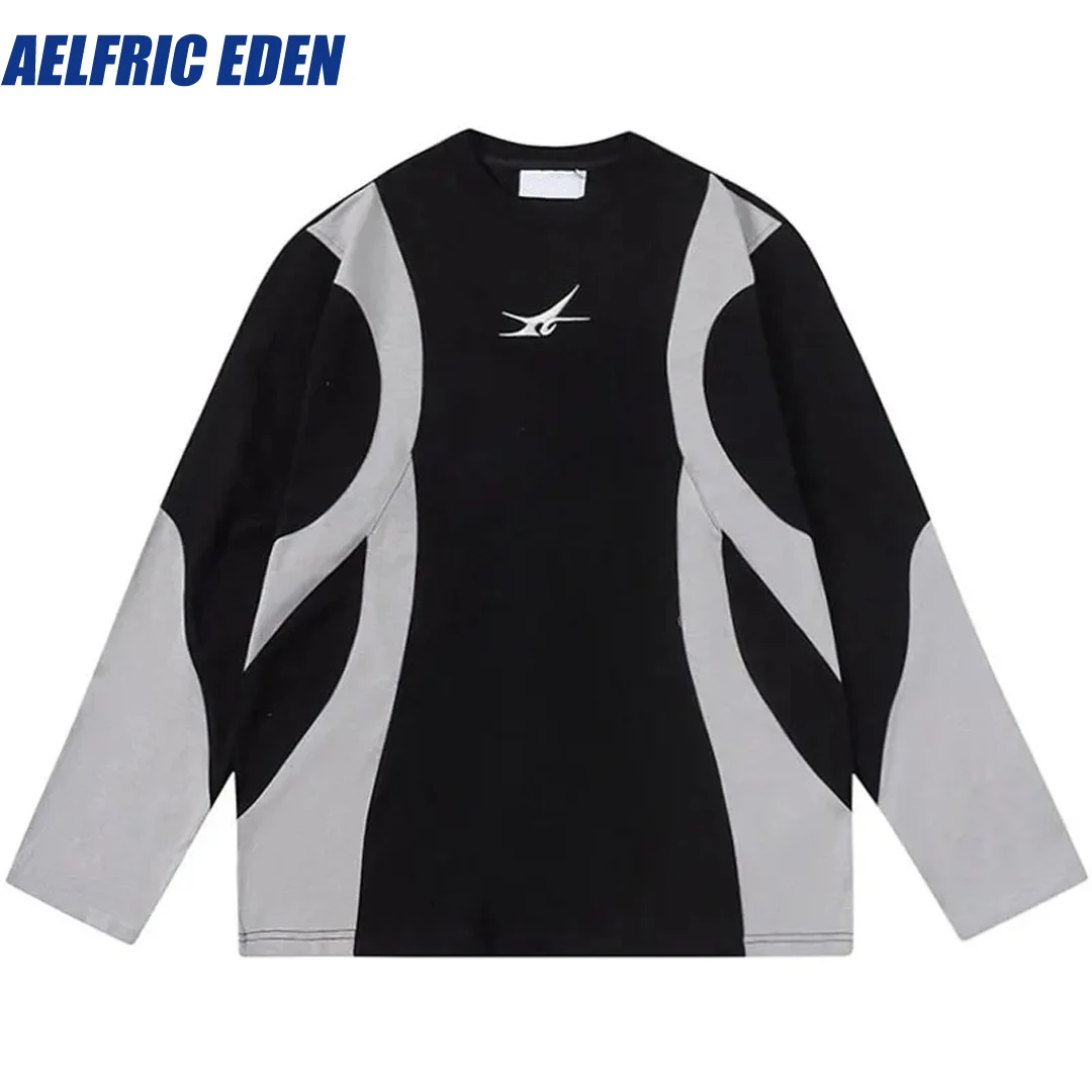 

Aelfric Eden Embroidery Letter Retro American Style Patchwork Long Sleeve T-Shirt Sports Tshirt Hip Hop Loose Streetwear Shirts