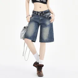 GUUZYUVIZ American Retro Blue Denim Shorts Women Y2k Low Waist Oversized Straight Biker Jeans Femme 2024 Summer Streetwear