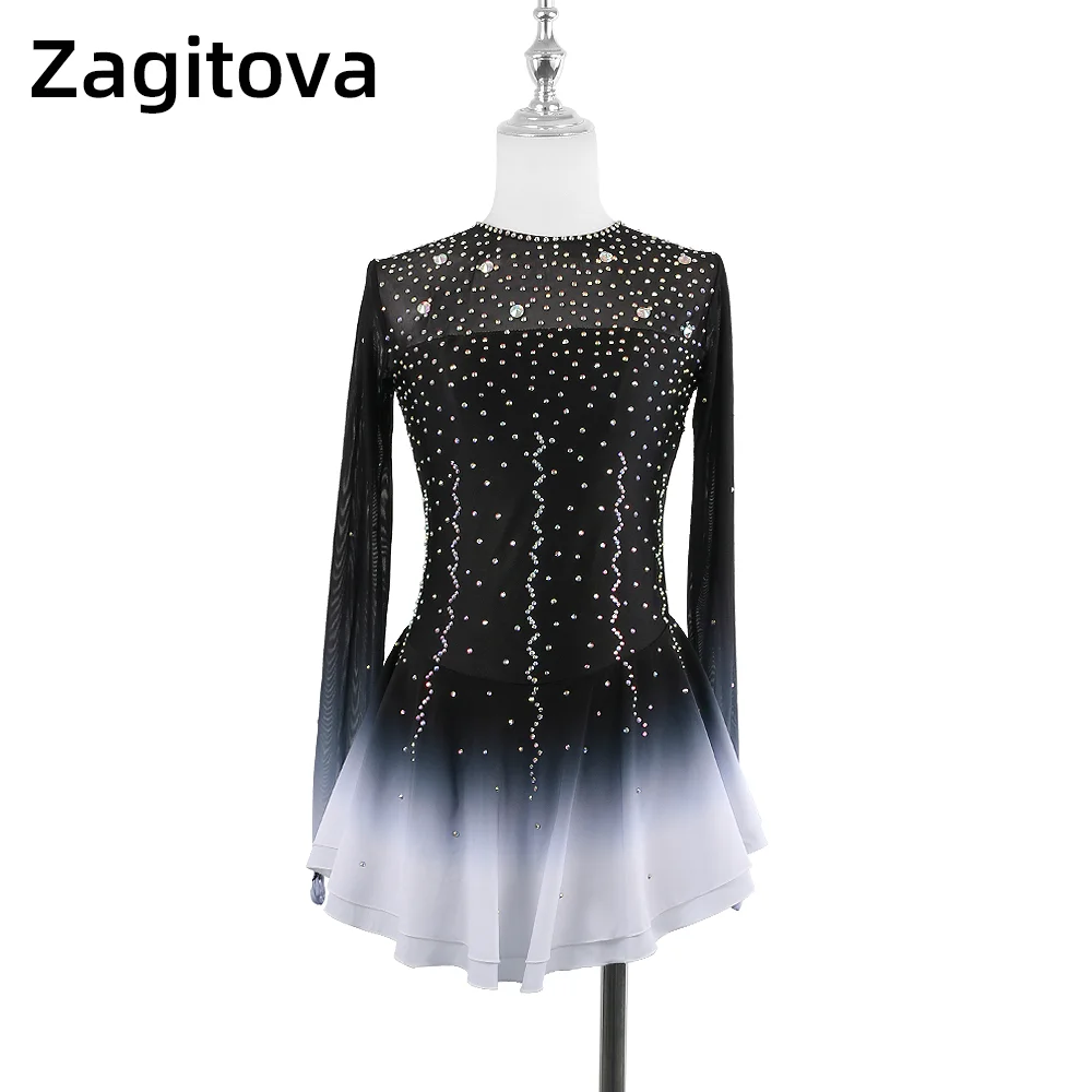 ZAGITOVA Figure Skating Dress For Women And Girls Long Sleeved Ice Skating Clothes Black And White Gradient With Rhinestones