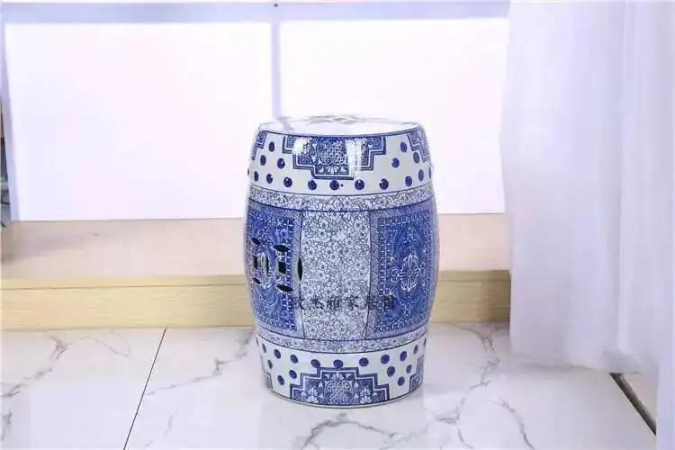White Porcelain and Drawn Blue Shoe Hand Changing Stool Ceramic Drum Bathroom Neoclassical Imitation Sitting Stool Low Round