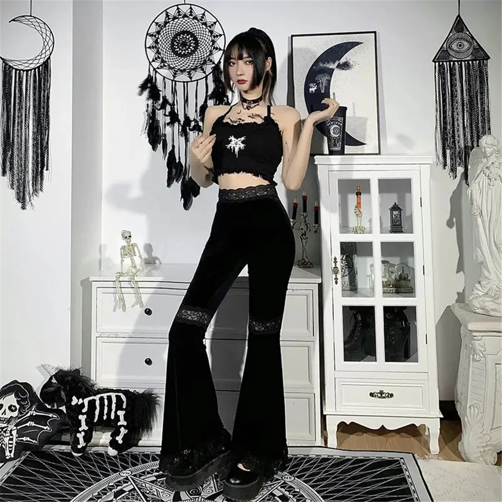 womens clothing Gothic Black Pants High Waist Flared Pants Aesthetic Sexy Lace Patchwork Trousers Women Vintage Elegant Velvet Christmas Pant vuori joggers