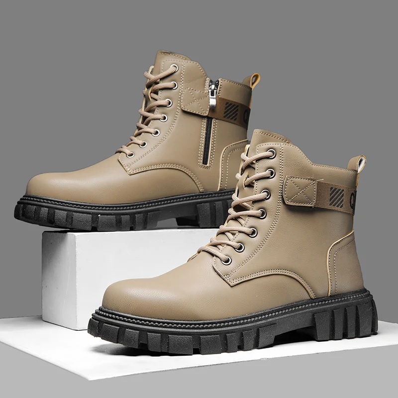 

Original Leather Khaki Men Fashion Boots Lace-up Non-slip Men's Ankle Boots Soft Comfortable Tooling Boots Man bota masculina