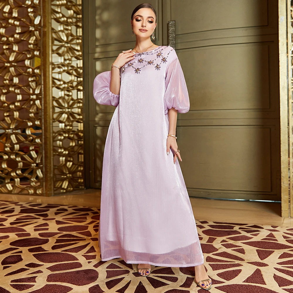 

Elegant Abaya for Muslim Women Diamonds Shiny Puff Sleeve Maxi Dress Turkey Eid Kaftan Dubai Party Evening Gown Morocco Jalabiya