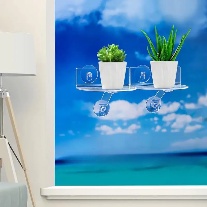 Window Plant Shelves 2X Acrylic Suction Cup Floating Shelves Space-Saving Window Ledge For Kitchens Bathroom Organizer