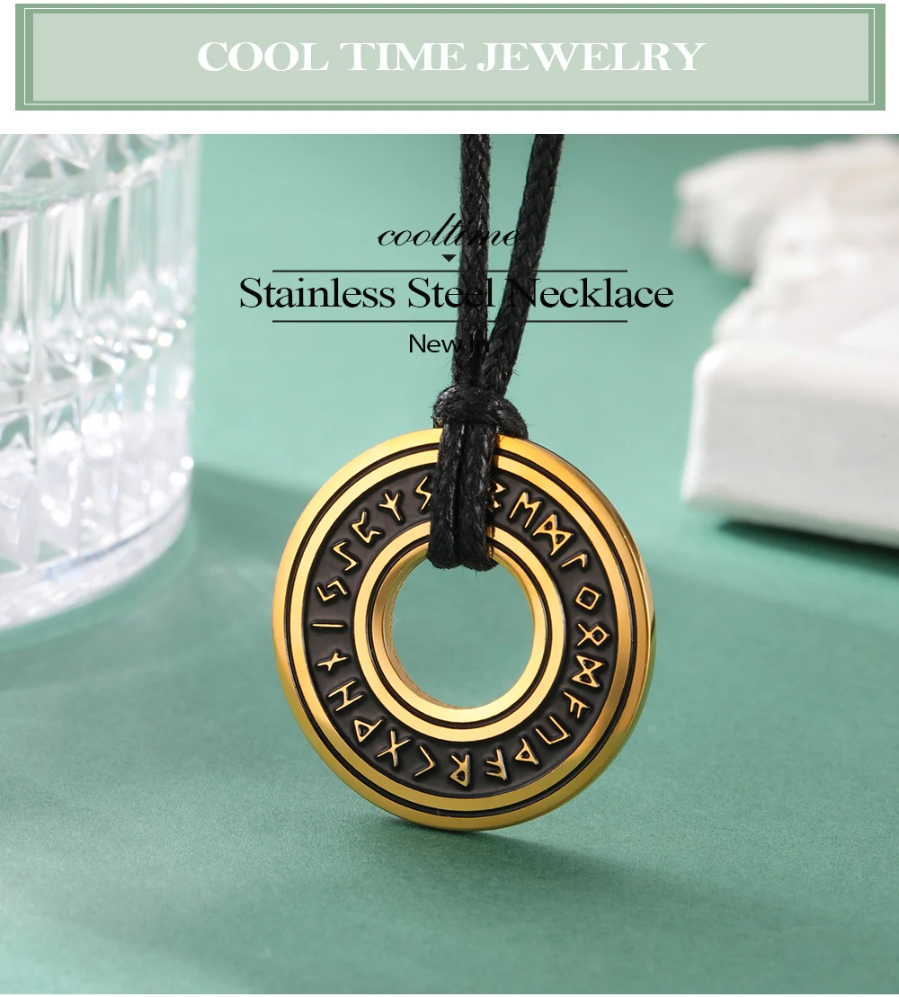 COOLTIME Vintage Nordic Rune Halsketten Edelstahl Kreis Talisman Anhänger Futhark Runen Halskette Elder Schmuck Geschenk – Detail 1