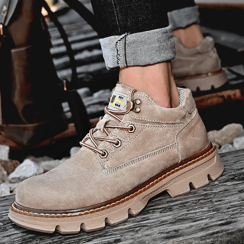 

38-44 Mens Genuine Pigskin Leather Boots Autumn Winter Thick-soled Lace-up Martin Outdoors Tooling Sneakers Male Shoes Hy115