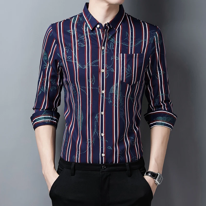 

Striped Printing Fashion Casual Design Long Sleeve Dress Shirt Men Spring New Quality Smooth Comfortable Luxury Camisa Masculina