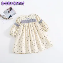 

Children Dress Fashion Floral Print Retro Embroidered Decoration Long Sleeve Skirt Girls Spring Go Out Activity Princess Dress