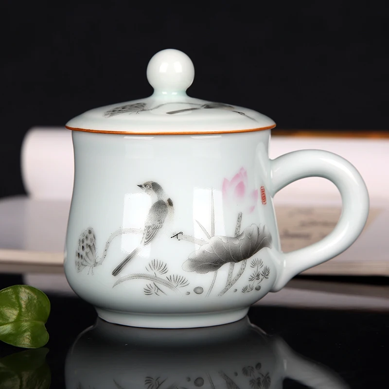 Chinese Style Pattern With Cover Ceramic Personal Tea Mug Creative Household tea service items Milk Water Coffee Cup, 300ml, 1Pc