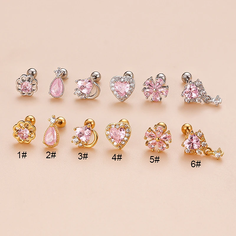 

1Piece Stainless Steel Thin Rod Piercing Stud Earrings For Women Fashion Pink Zircon Ear Bone Nails