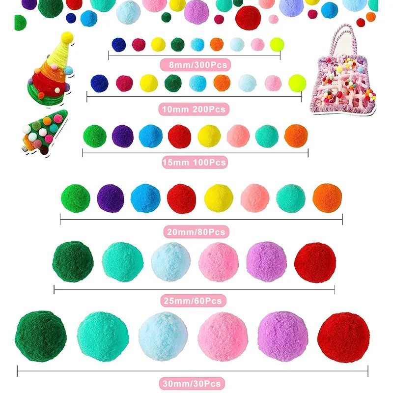 30-300Pcs Fluffy Soft Pom Poms Plush Pompom Balls Assorted Pom Mixed Craft Pompoms Kids DIY Creative Handmade Project 8-30mm