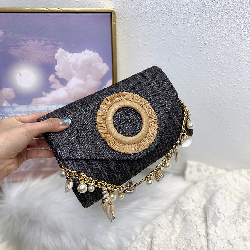Summer Beach Straw Clutch Bag Cute Ball pendant Crossbody Bag for Women Travel Shoulder Bags Purse Ladies Casual Bags Wicker Bag