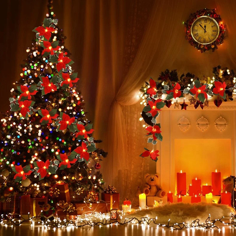 2M10LED Weihnachtsgirlande Beleuchtungsschnüre Künstliche rote Blumen Stechpalmenblätter für Zuhause 2024 Weihnachtsschmuck Neujahrsgeschenke 2025_voghion.com
