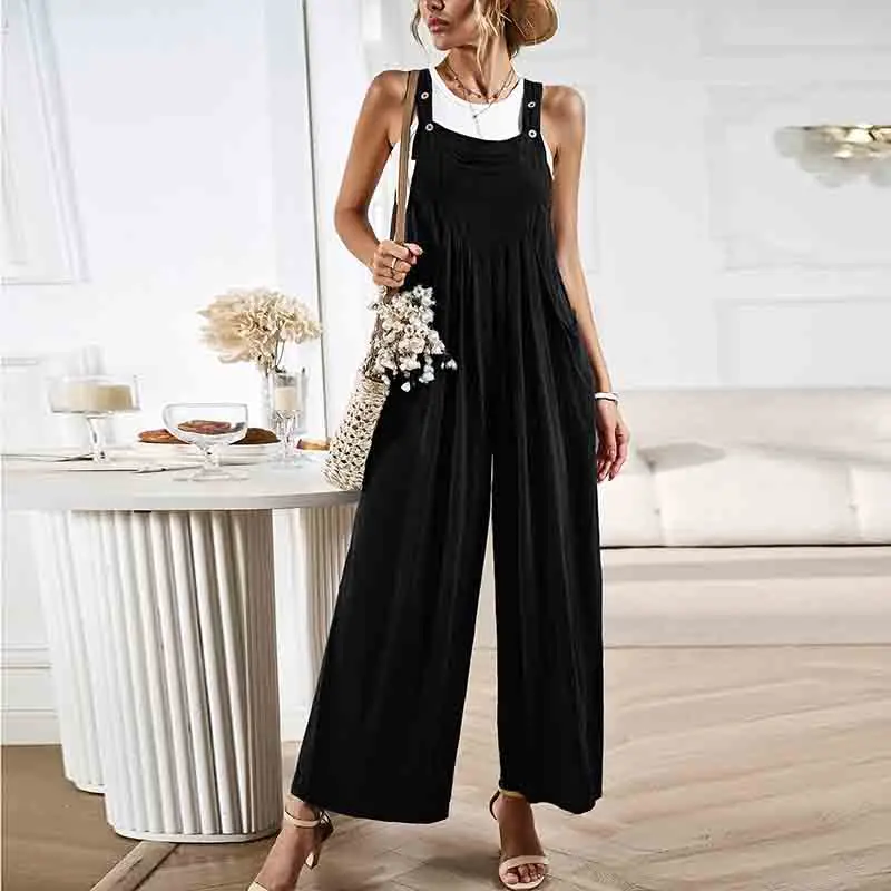 Solid Color Suspender Pants for Women's 2024 Summer Sleeveless Loose Wide Leg Jumpsuit Fashion Casual Streetwear Loose Jumpsuits