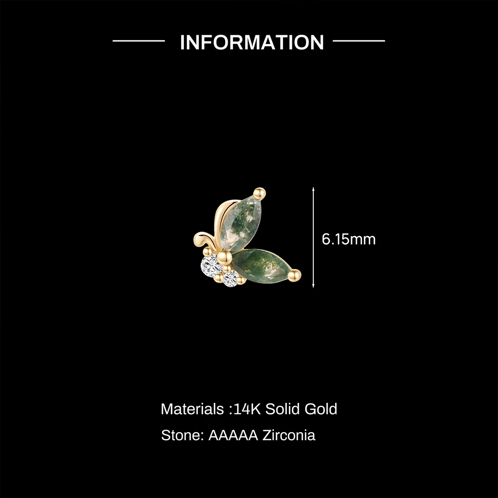 록시 14K 솔리드 골드 기하학적 모스 아게이트 피어싱 플랫 백 귀걸이 여성용 하트/스타 문스톤 데인티 럭셔리 파티 선물