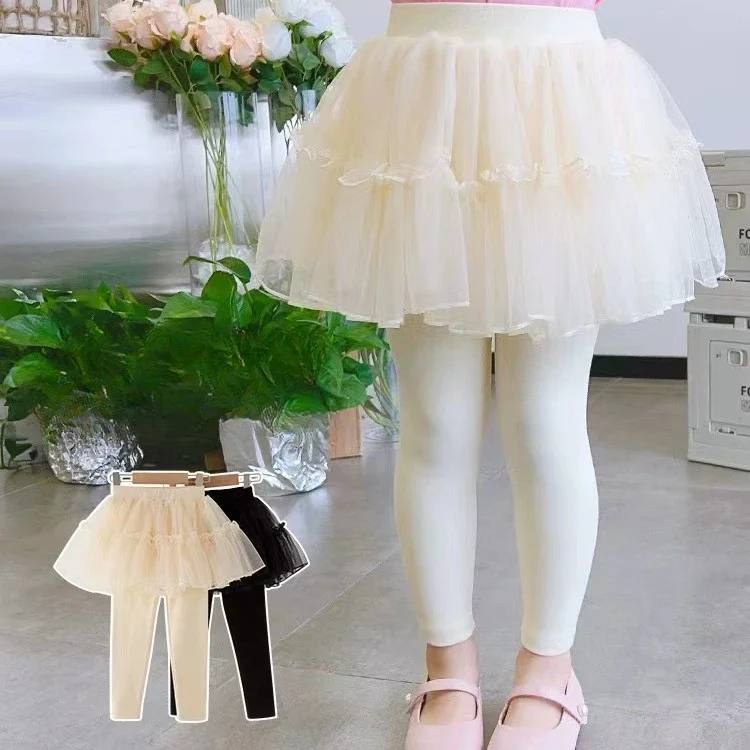 Leggings per bambini con gonna a rete - Design finto in due pezzi per ragazze 2-7 anni, leggins con fondo comodo ed elegante per bambina