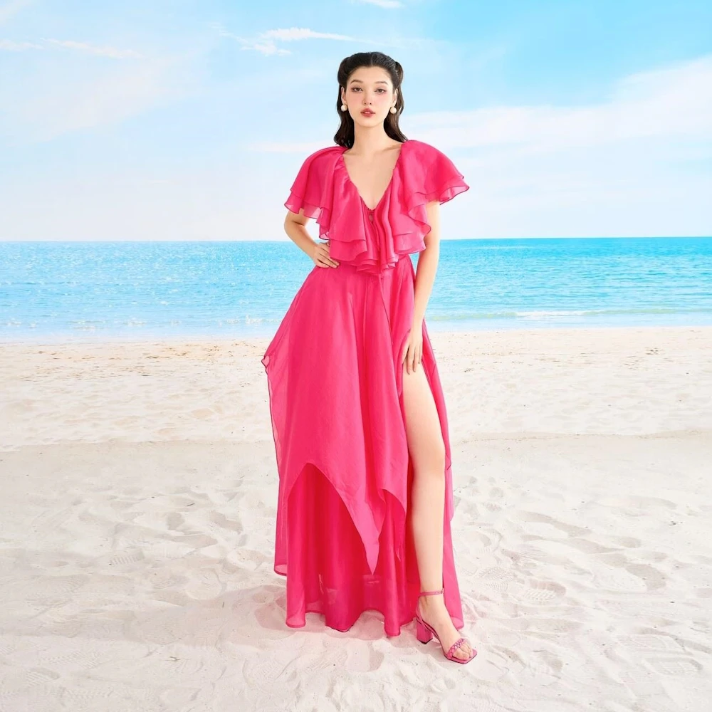 

ROSELLA Pink Ruffles V Neck Maxi Dress Haute Couture Asymmetrical Formal Gown Cape Sleeves Floor Length High Split Evening Gown