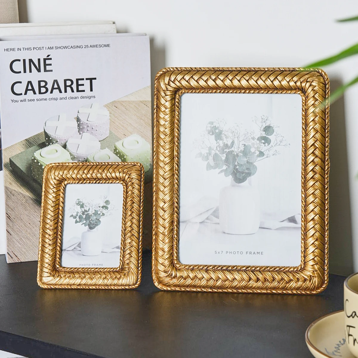 1PC, a photo frame made of resin with a golden woven pattern frame decoration, available in multiple styles