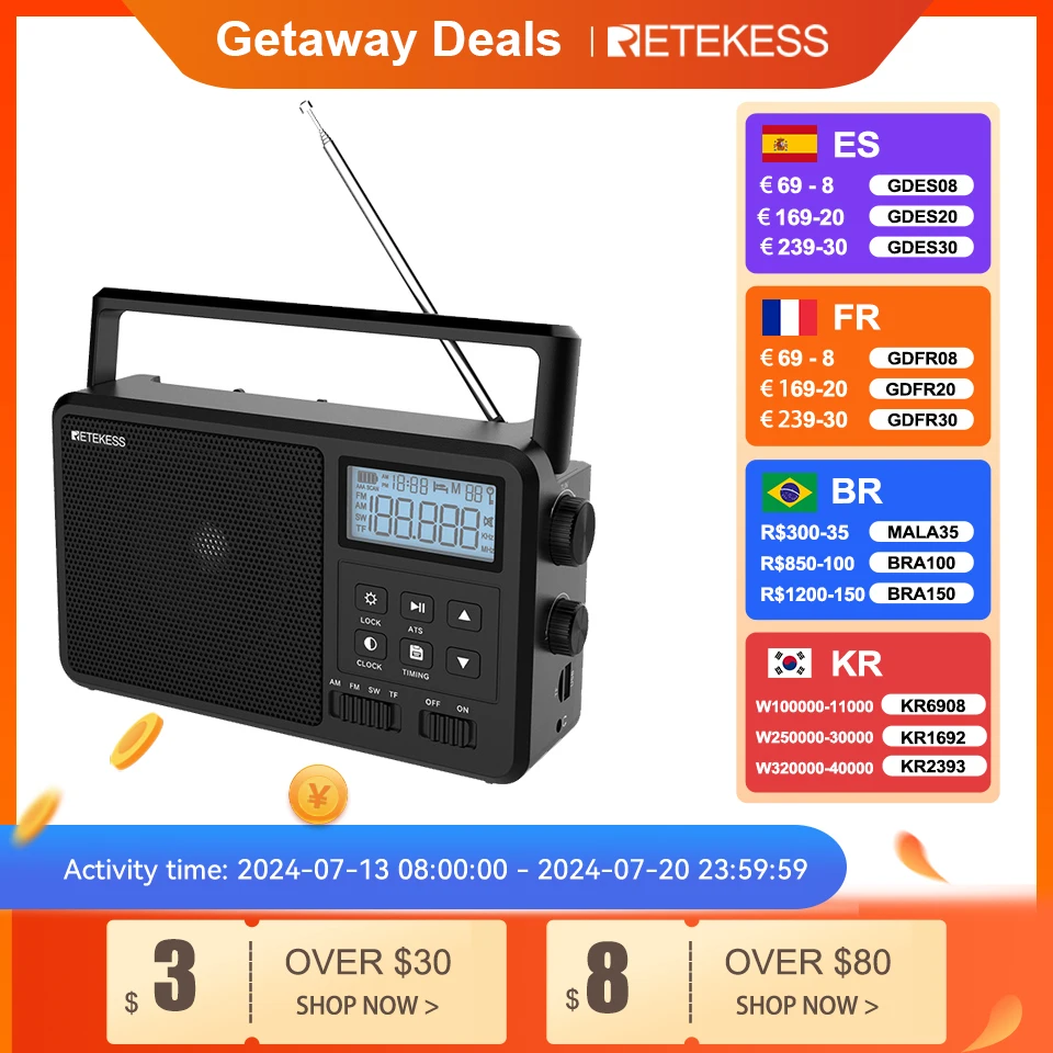 Retekess TR638 Draagbare radio, AM FM SW met LCD-display, digitale instelling, draadloze geluidskwaliteit is goed, timer, TF/USB, geschikt voor mensen van middelbare leeftijd en ouderen