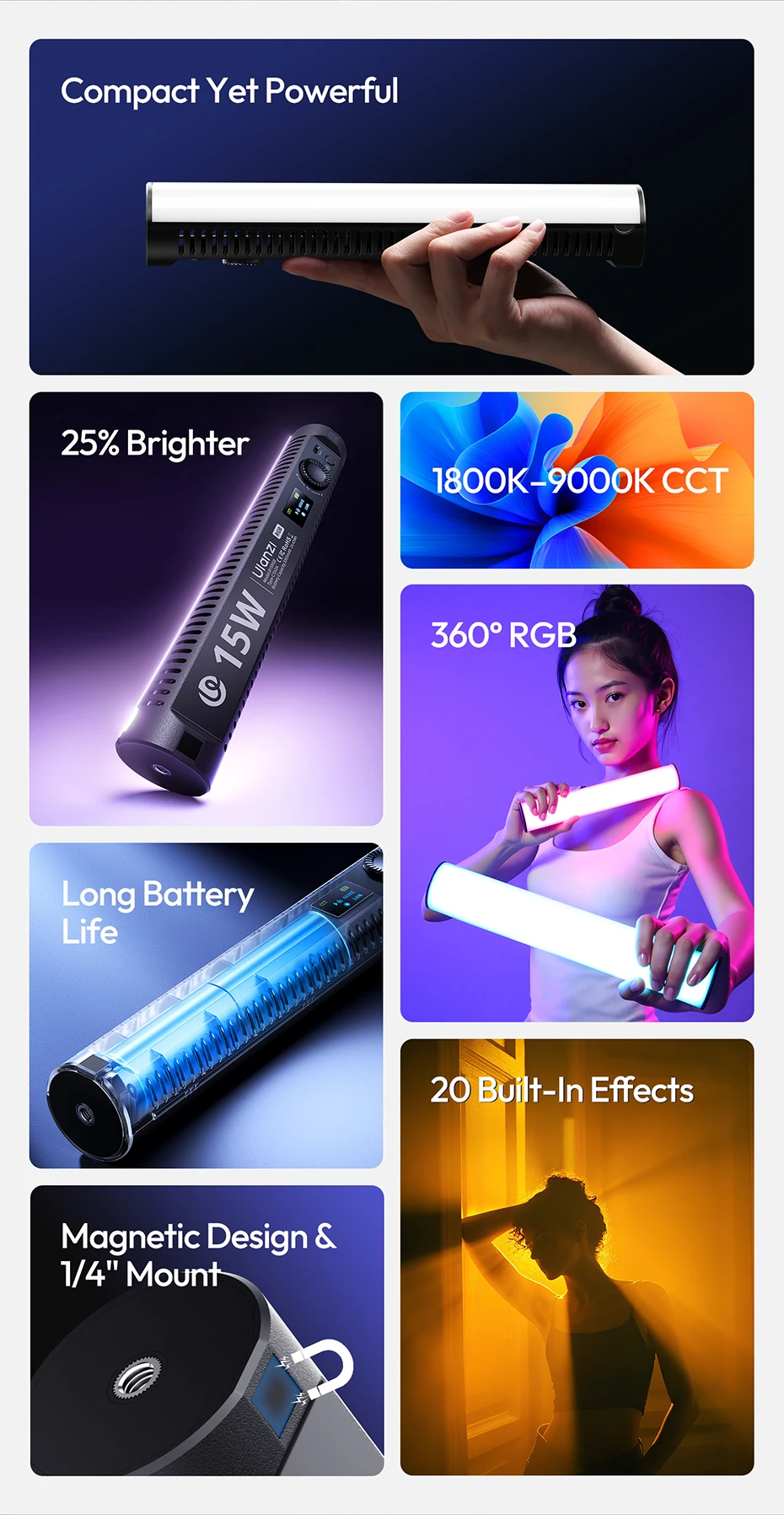 B15RGB 15W Magnetic Tube Light Handheld Led Stick Light 1800-9000K CCT 3300mAh f