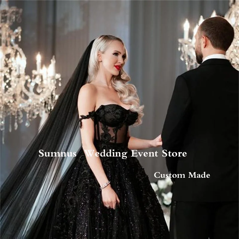 Sumnus Gothic Black A Line Wedding Dress Off Shoulder Cut-out Shining Bride Dreeses Long Train Tulle Plus Size Wedding Gowns tea length wedding dress