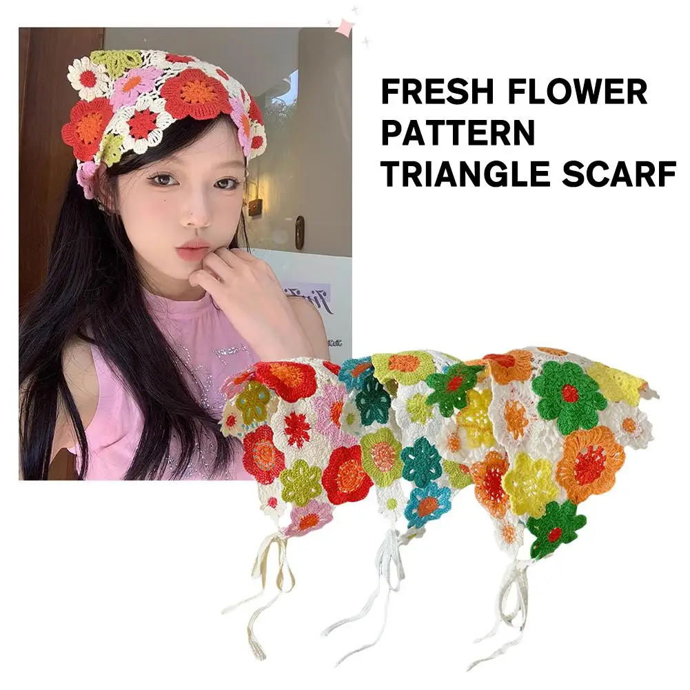 Fresh Flower Pattern Triangle Scarf Knitted Handmade Bag Cute Sunshade Strap Crochet Headscarf Hair Sweet Hat Headscarf Hol R4N9