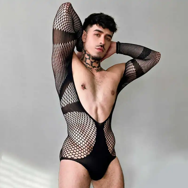 CLEVER-MENMODE Men Bodysuit Mesh Erotic Underwear Sexy Hollow Long Sleeve Transparent One-piece Thong Performance Costumes men bodysuit jumpsuit