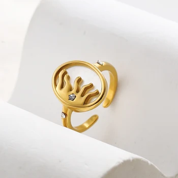 Vintage Crystal White Shell Rings New Design Gold Plated Stainless Steel Sun Open Finger Ring Femme Punk Jewelry Bijoux Gift