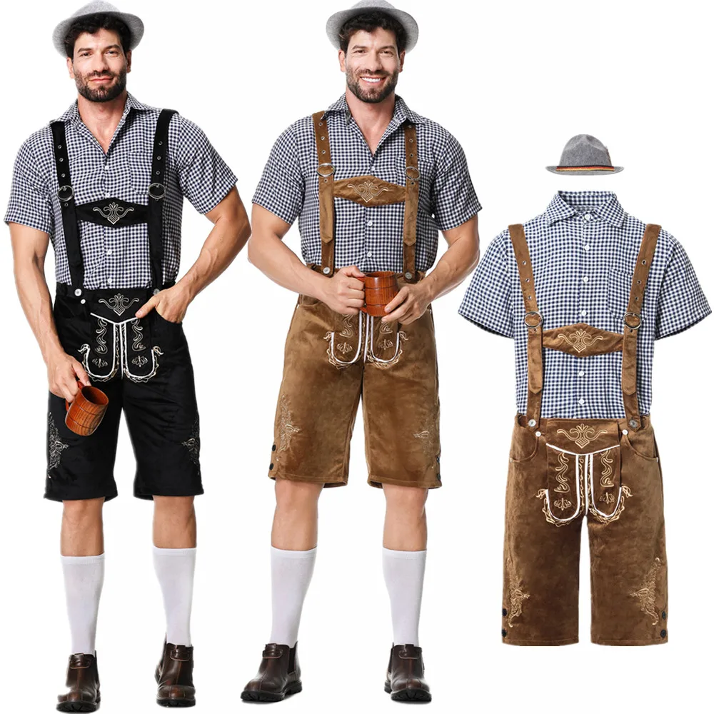 M-XXL German Oktoberfest Men Festival Costume Set Short Sleeve Plaid Shirt Suspenders Hat for Beer Festival Halloween men festival costume set